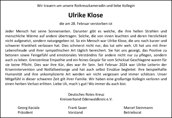 Traueranzeige von Ulrike Klose von Odenwälder Echo