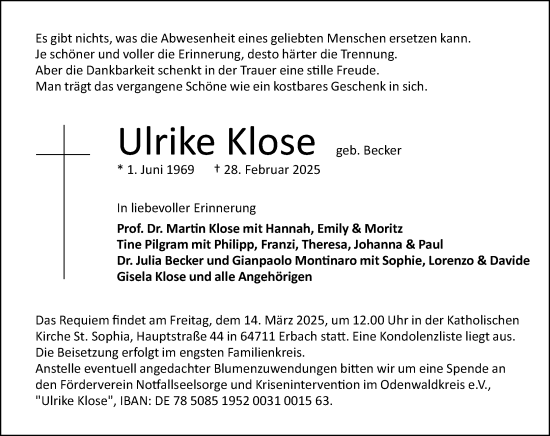 Traueranzeige von Ulrike Klose von Odenwälder Echo