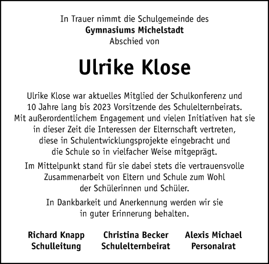 Traueranzeige von Ulrike Klose von Odenwälder Echo