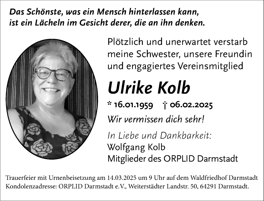  Traueranzeige für Ulrike Kolb vom 08.03.2025 aus Darmstädter Echo