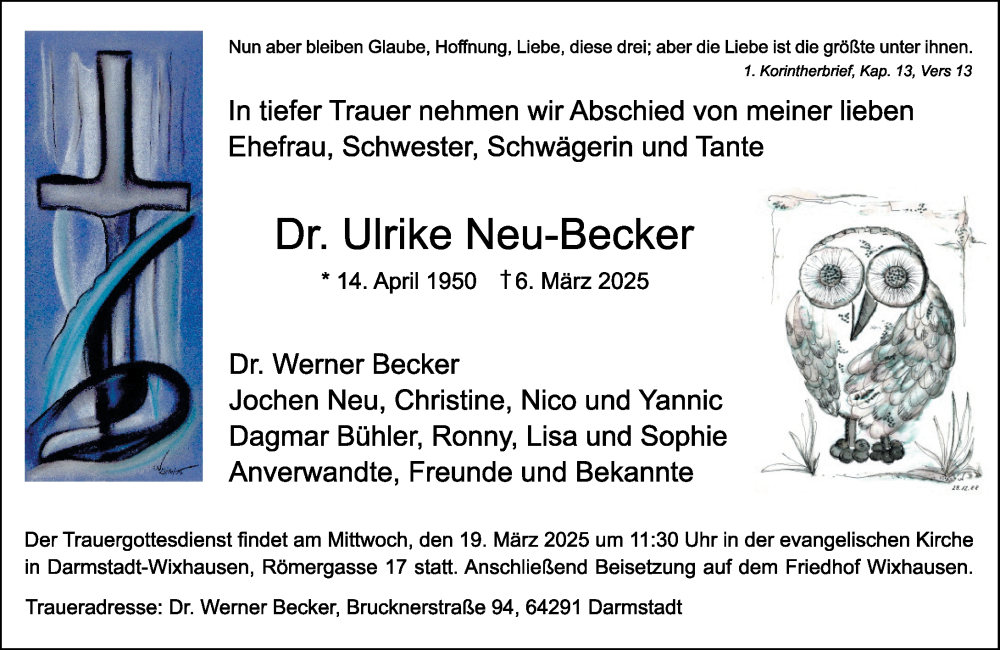  Traueranzeige für Ulrike Neu-Becker vom 15.03.2025 aus Darmstädter Echo