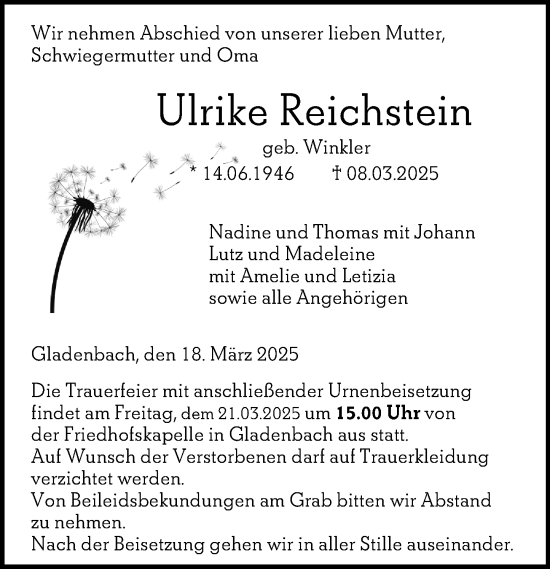 Traueranzeige von Ulrike Reichstein von Hinterländer Anzeiger