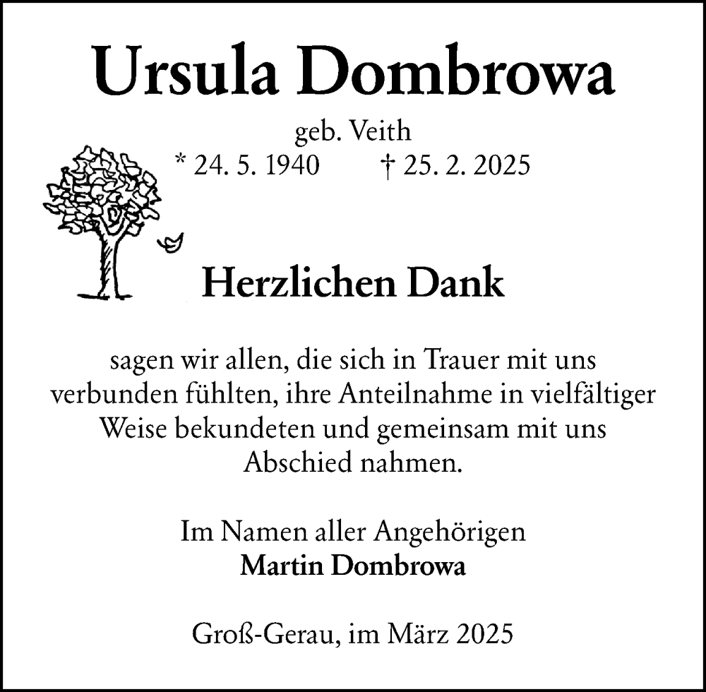  Traueranzeige für Ursula Dombrowa vom 29.03.2025 aus Groß-Gerauer Echo