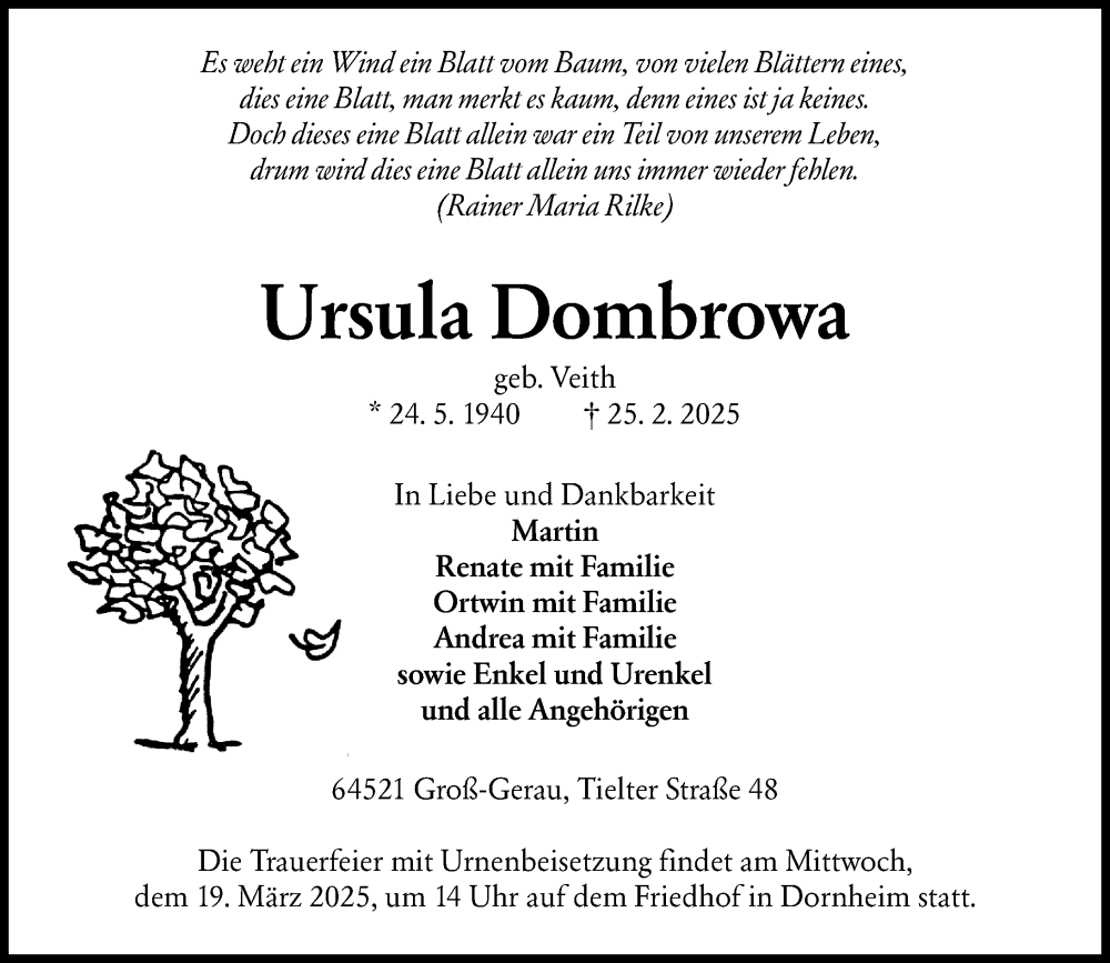  Traueranzeige für Ursula Dombrowa vom 15.03.2025 aus Groß-Gerauer Echo