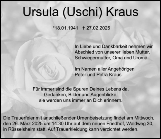 Traueranzeige von Ursula Kraus von Rüsselsheimer Echo