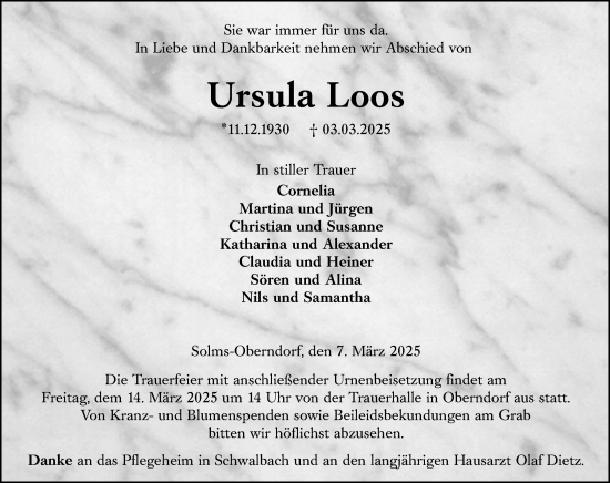 Traueranzeige von Ursula Loos von Wetzlarer Neue Zeitung