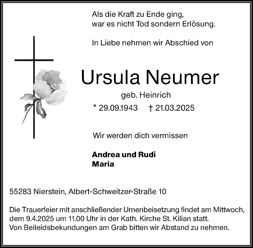  Traueranzeige für Ursula Neumer vom 29.03.2025 aus Allgemeine Zeitung Mainz