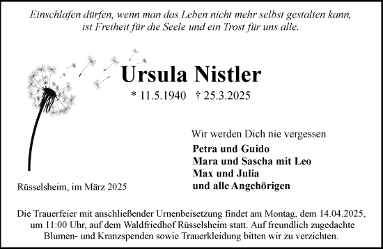 Traueranzeige von Ursula Nistler von Rüsselsheimer Echo