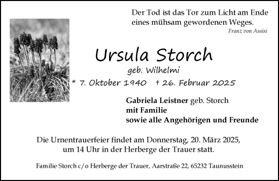 Traueranzeige von Ursula Storch von Wiesbadener Kurier