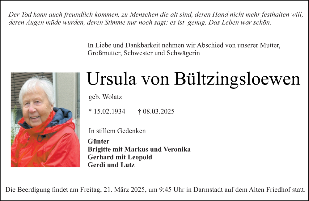  Traueranzeige für Ursula von Bültzingsloewen vom 15.03.2025 aus Darmstädter Echo