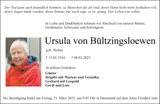 Traueranzeige von Ursula von Bültzingsloewen von Darmstädter Echo