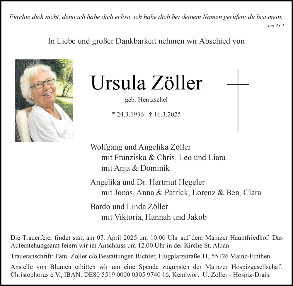  Traueranzeige für Ursula Zöller vom 29.03.2025 aus Allgemeine Zeitung Mainz