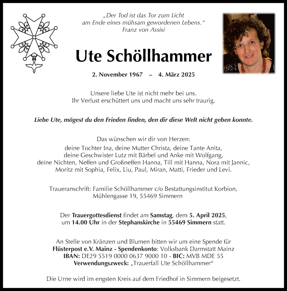  Traueranzeige für Ute Schöllhammer vom 29.03.2025 aus Allgemeine Zeitung Mainz