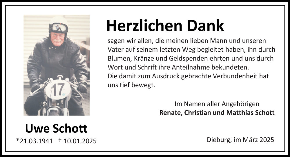  Traueranzeige für Uwe Schott vom 15.03.2025 aus Dieburger Anzeiger/Groß-Zimmerner Lokal-Anzeiger