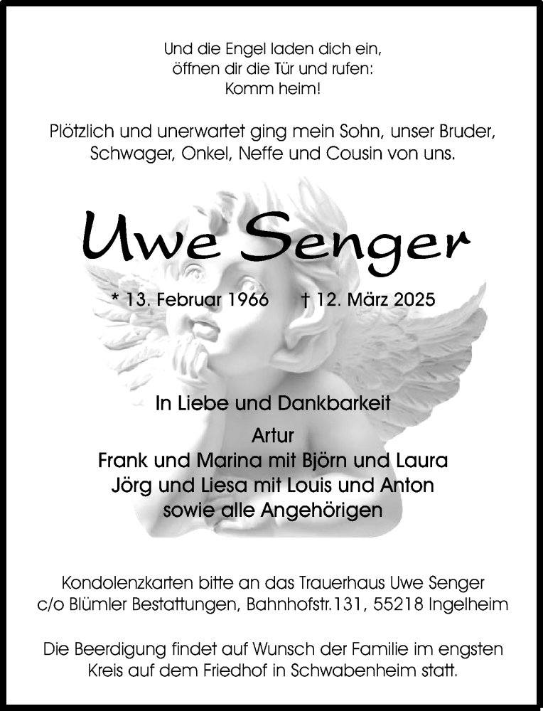  Traueranzeige für Uwe Senger vom 15.03.2025 aus Allgemeine Zeitung Rheinhessen-Nahe