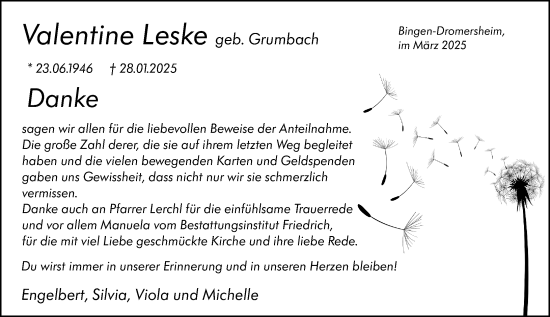Traueranzeige von Valentine Leske von Binger-/Ingelheimer Wochenblatt