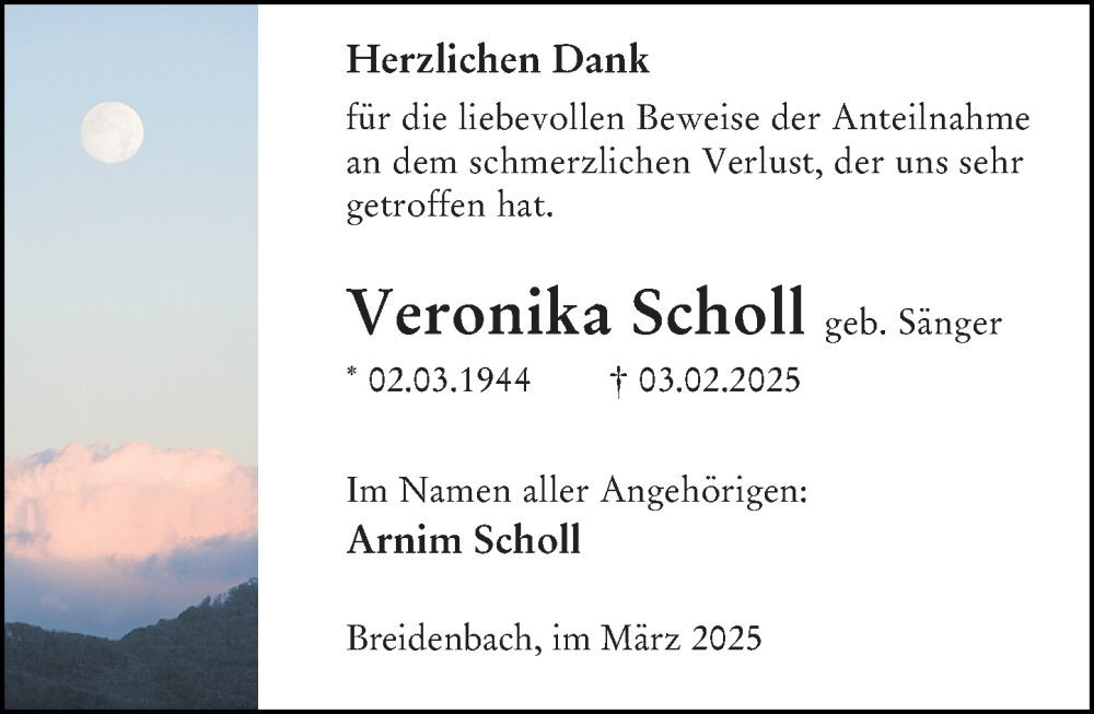  Traueranzeige für Veronika Scholl vom 07.03.2025 aus Hinterländer Anzeiger