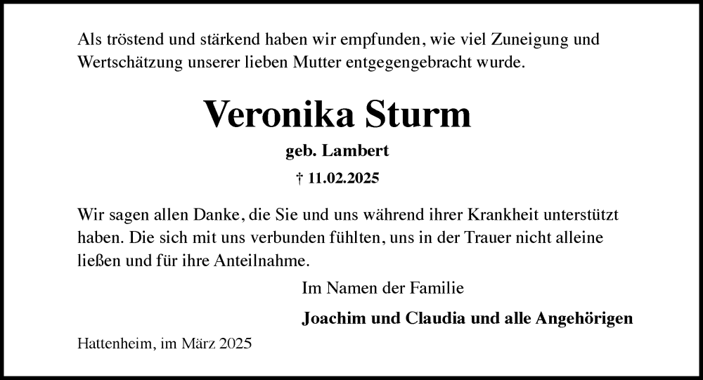  Traueranzeige für Veronika Sturm vom 08.03.2025 aus Rheingau Kurier