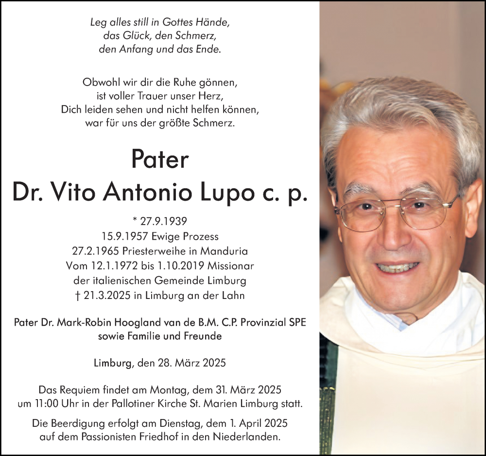  Traueranzeige für Vito Antonio Lupo vom 28.03.2025 aus Nassauische Neue Presse
