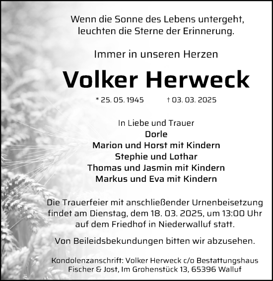 Traueranzeige von Volker Herweck von Rheingau Kurier