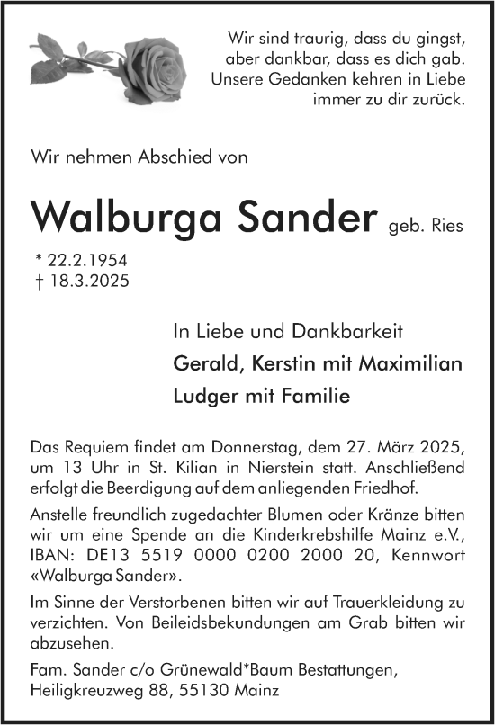 Traueranzeige von Walburga Sander von Allgemeine Zeitung Mainz