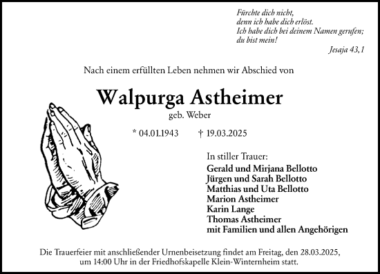 Traueranzeige von Walpurga Astheimer von Allgemeine Zeitung Mainz