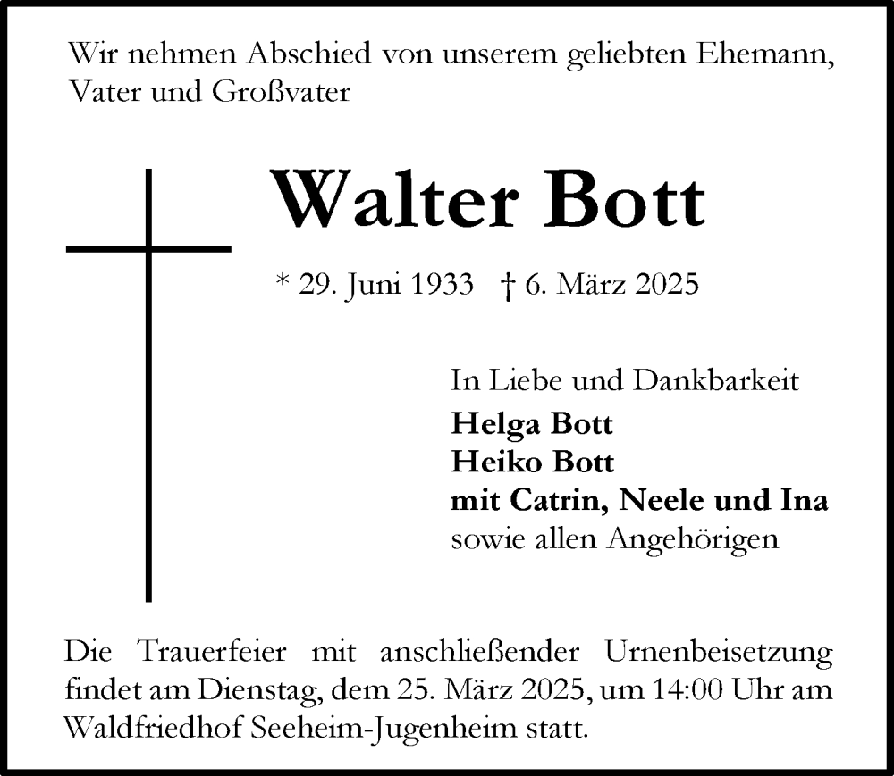  Traueranzeige für Walter Bott vom 15.03.2025 aus Groß-Gerauer Echo