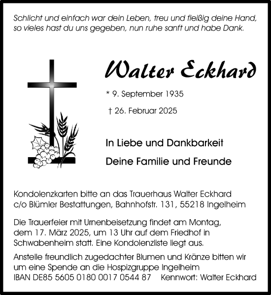 Traueranzeige von Walter Eckhard von Allgemeine Zeitung Rheinhessen-Nahe