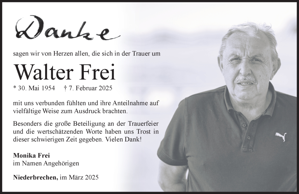  Traueranzeige für Walter Frei vom 13.03.2025 aus Camberger Anzeiger