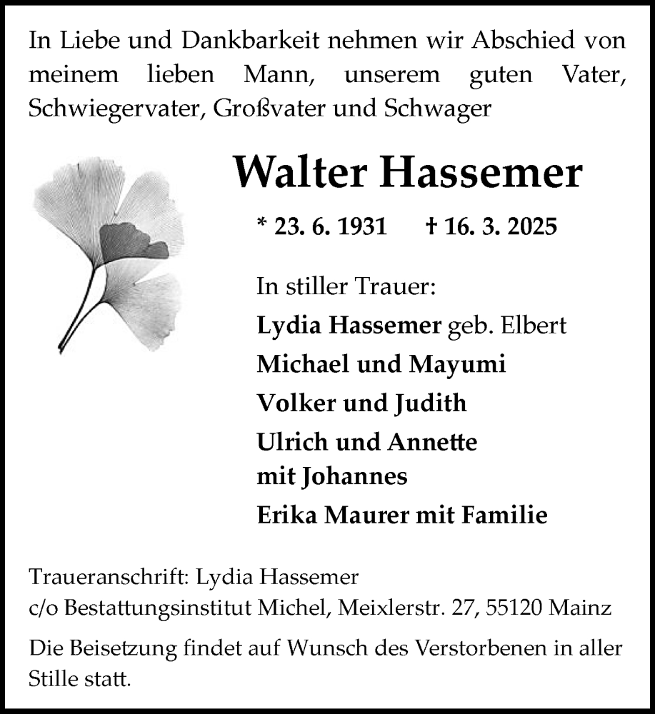  Traueranzeige für Walter Hassemer vom 22.03.2025 aus Allgemeine Zeitung Mainz