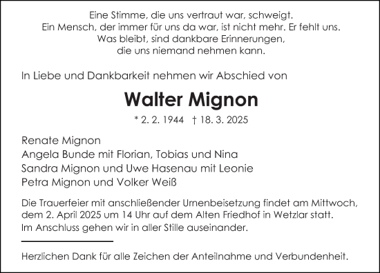 Traueranzeige von Walter Mignon von Wetzlarer Neue Zeitung