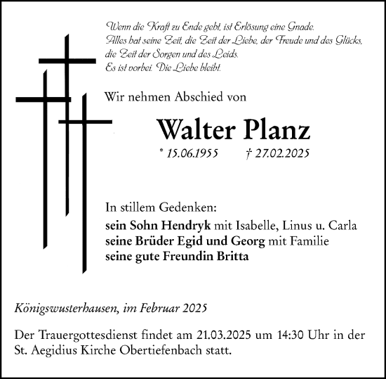 Traueranzeige von Walter Planz von Weilburger Tageblatt