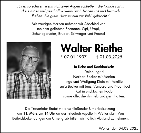 Traueranzeige von Walter Riethe von Allgemeine Zeitung Rheinhessen-Nahe