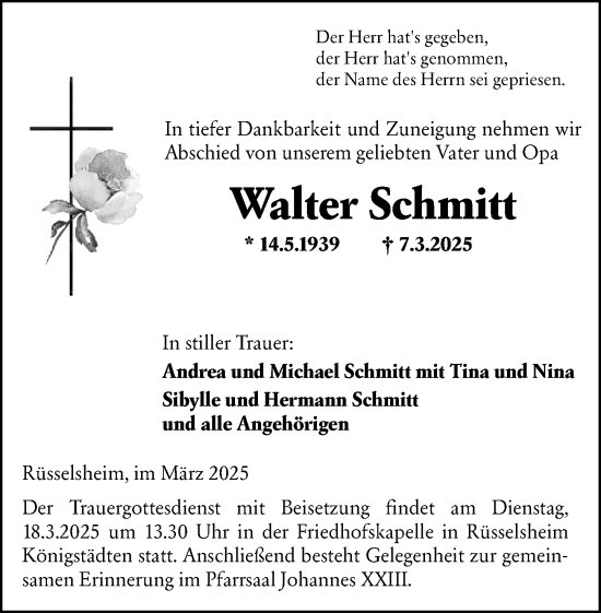 Traueranzeige von Walter Schmitt von Rüsselsheimer Echo