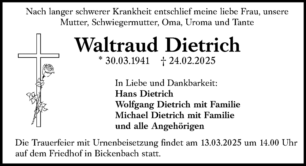  Traueranzeige für Waltraud Dietrich vom 08.03.2025 aus Darmstädter Echo