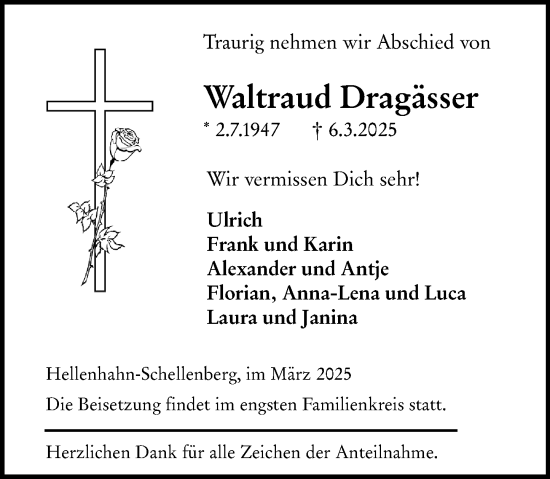 Traueranzeige von Waltraud Dragässer von Weilburger Tageblatt