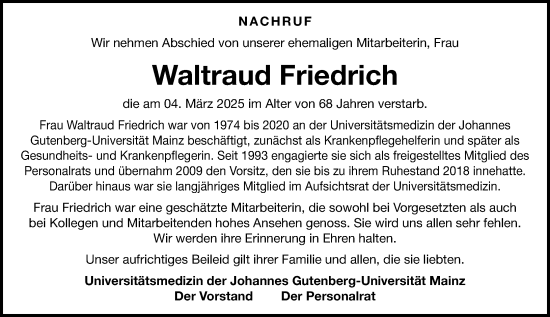 Traueranzeige von Waltraud Friedrich von Allgemeine Zeitung Mainz