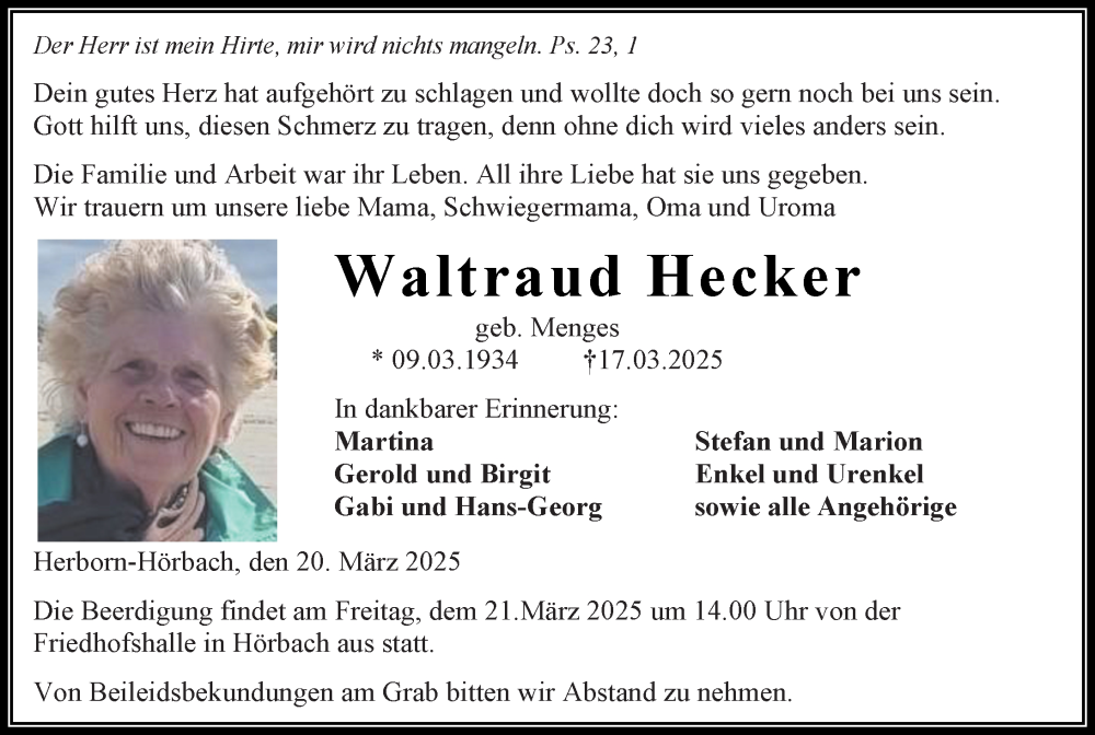  Traueranzeige für Waltraud Hecker vom 20.03.2025 aus Dill Block