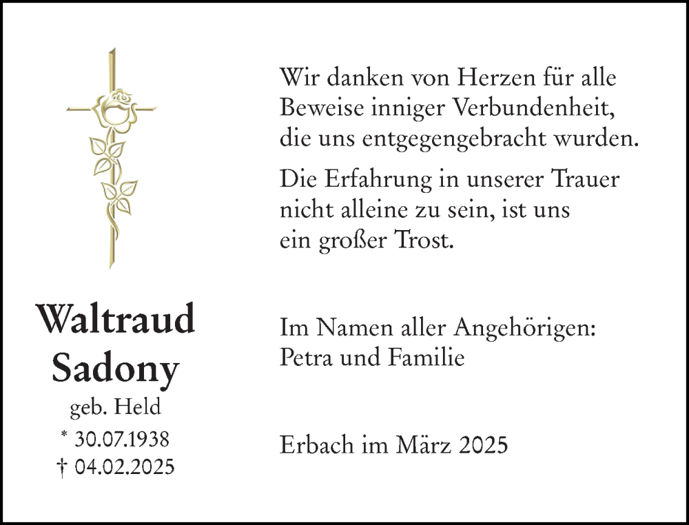  Traueranzeige für Waltraud Sadony vom 13.03.2025 aus Camberger Anzeiger