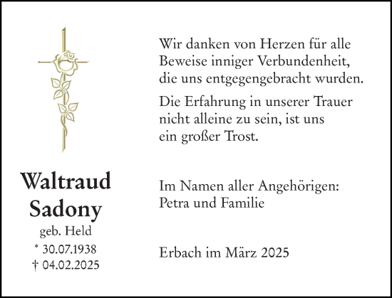 Traueranzeige von Waltraud Sadony von Camberger Anzeiger
