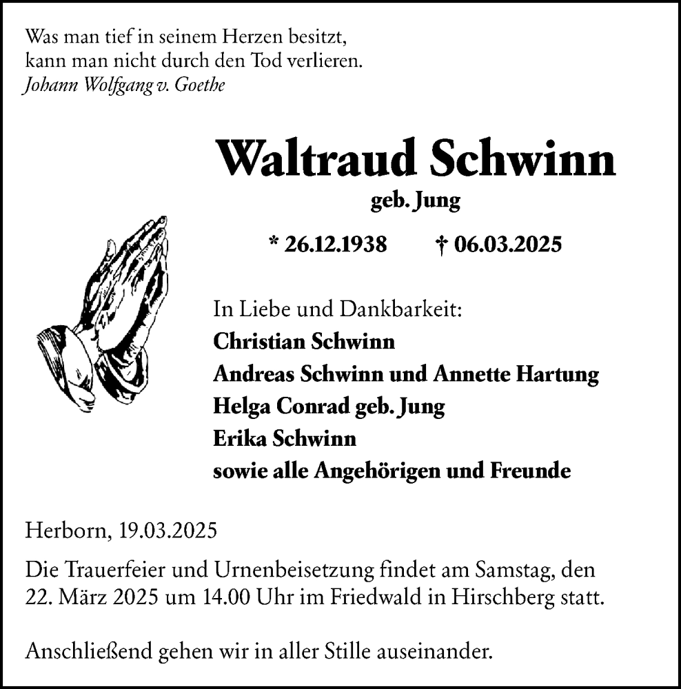  Traueranzeige für Waltraud Schwinn vom 19.03.2025 aus Dill Block