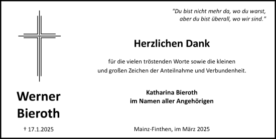 Traueranzeige von Werner Bieroth von Allgemeine Zeitung Mainz