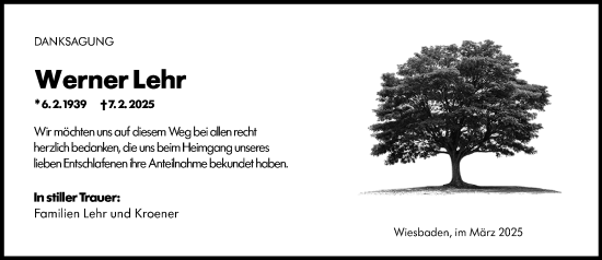 Traueranzeige von Werner Lehr von Wiesbadener Kurier