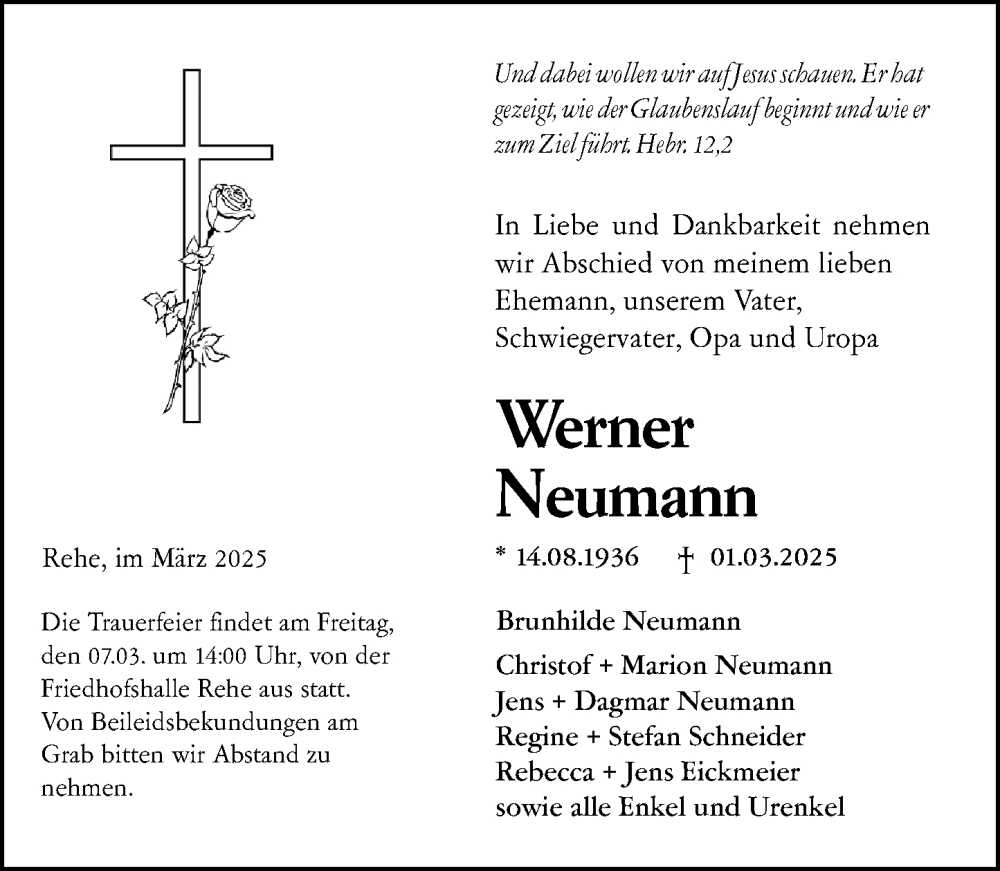  Traueranzeige für Werner Neumann vom 04.03.2025 aus Dill Block