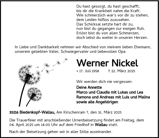 Traueranzeige von Werner Nickel von Hinterländer Anzeiger