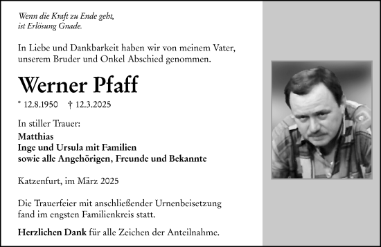Traueranzeige von Werner Pfaff von Wetzlarer Neue Zeitung