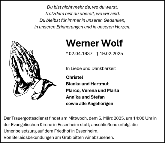 Traueranzeige von Werner Wolf von Allgemeine Zeitung Mainz