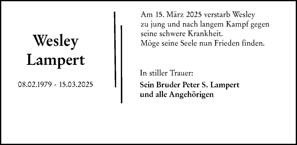  Traueranzeige für Wesley Lampert vom 27.03.2025 aus Wiesbadener Kurier