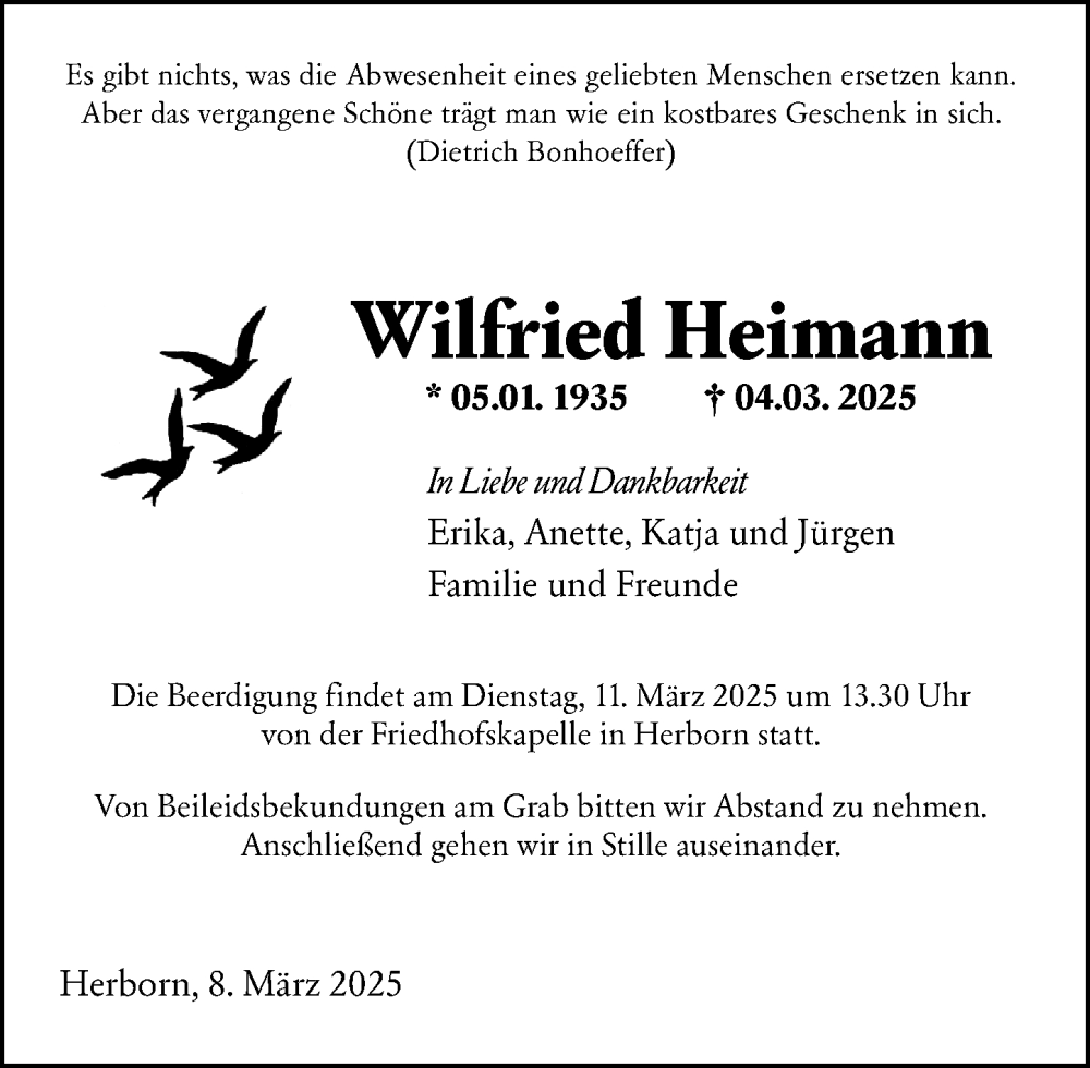  Traueranzeige für Wilfried Heimann vom 07.03.2025 aus Dill Block