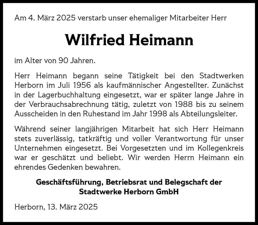  Traueranzeige für Wilfried Heimann vom 13.03.2025 aus Dill Block